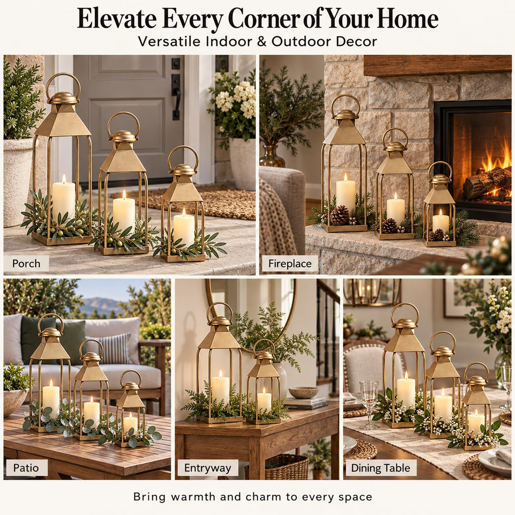 Antique Gold Decorative Metal Lanterns Indoor Outdoor Set of 3