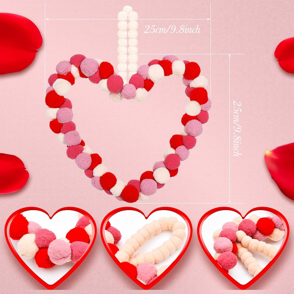 Valentine's Day Felt Pom Pom Wreath - 10 Inch Heart Shape Style Front Door Decor
