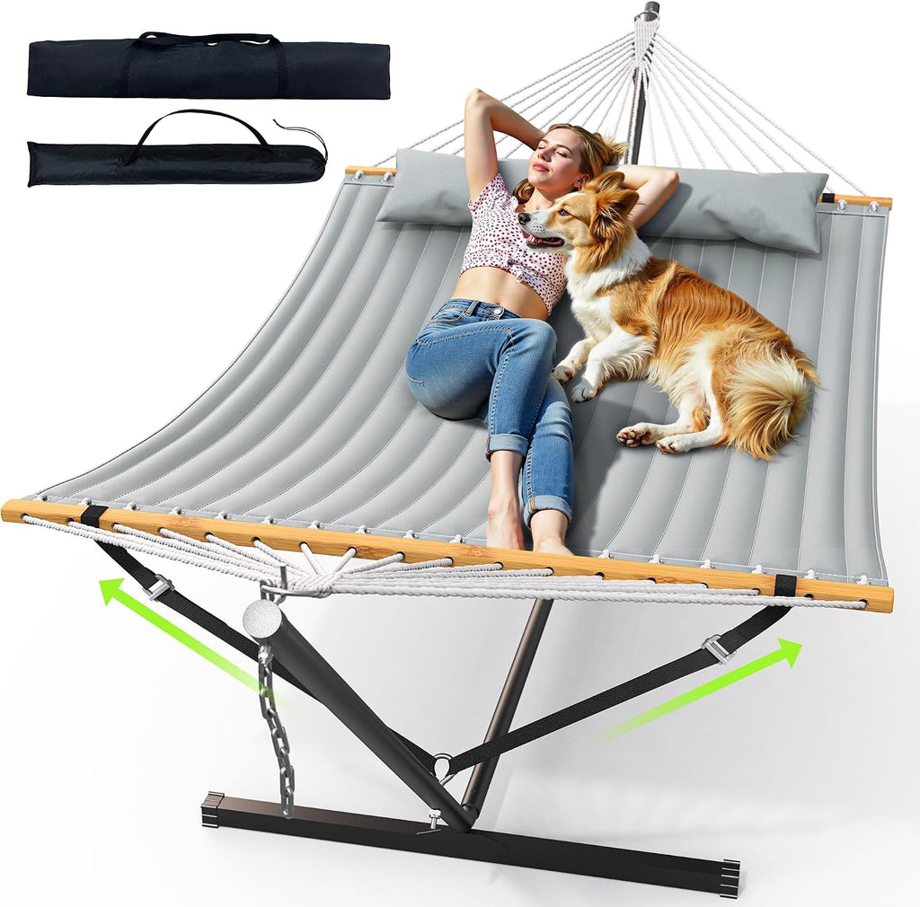 Double Hammock with Stand, Heavy Duty Outdoor Hammock for Two, 500 LBS Capacity, Stable Steel Frame with Balance