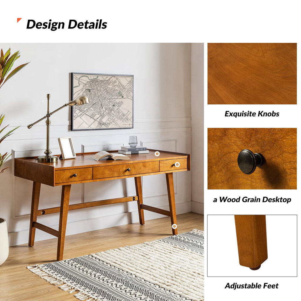 Office Desk with 3 Drawers & Solid Wood Legs, Writing Table with Charging Station & Cable Management, Mid