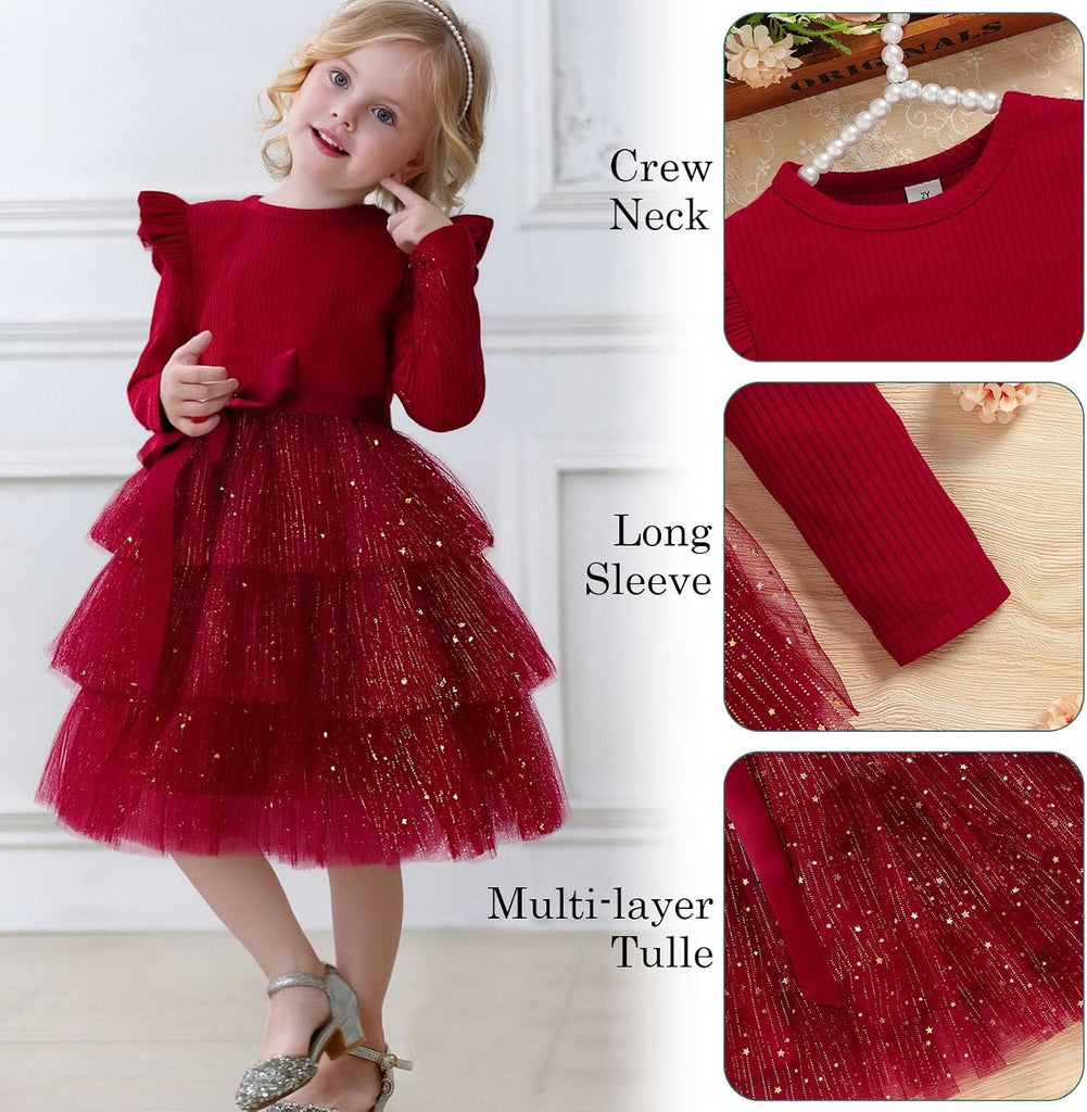 Toddler Dress Girls Ruffle Long Sleeve Layered Tulle Dress Fall Spring Fashion Party Dresses