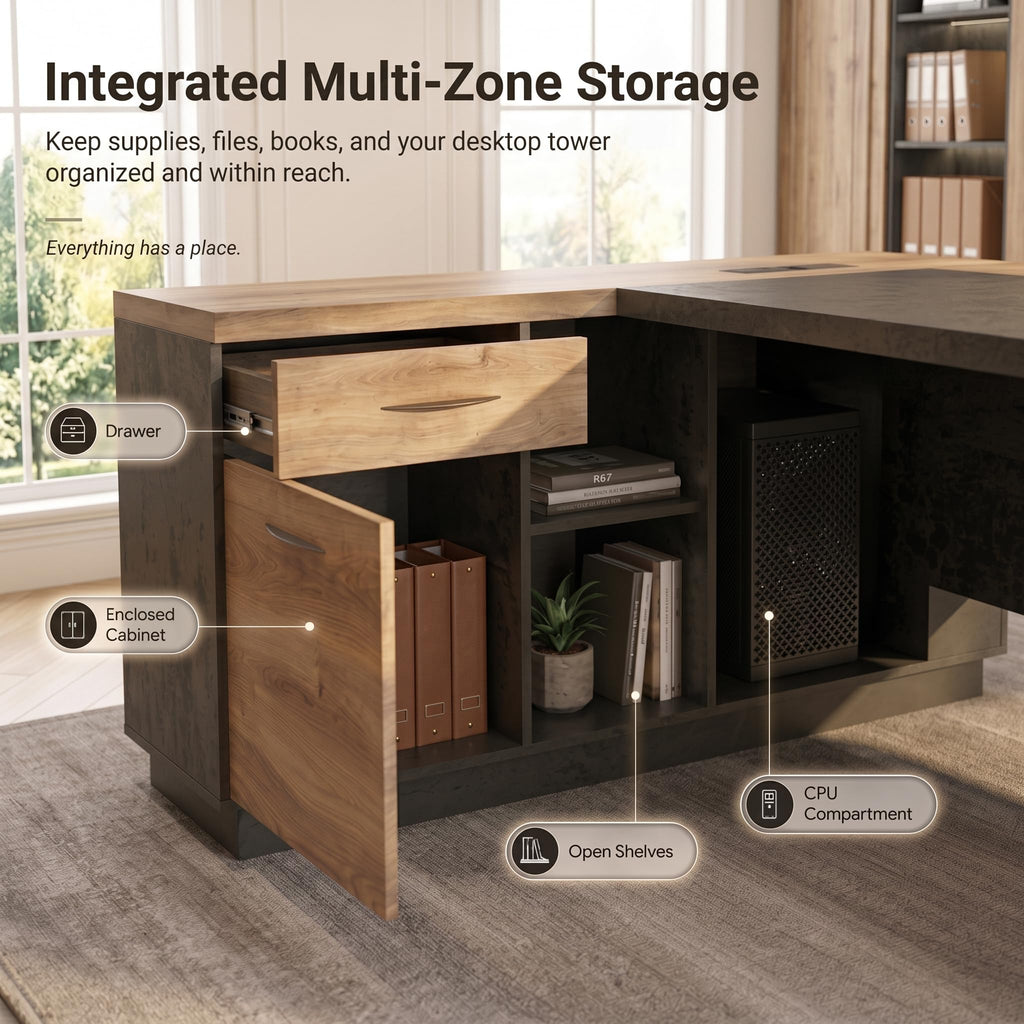 Office Desk with Drawers, 78.74 Inches L-Shape Executive Desk, Industrial Wood Desk with Storage Shelves, Modern