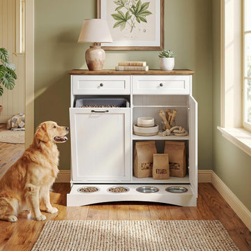 Pet Feeding Station with 4 Bowls, Dual Doors dog cabinet storage