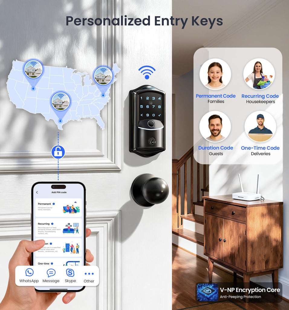 VE027-K WiFi Smart Deadbolt Locks with 2 Knobs Set, Matte Black