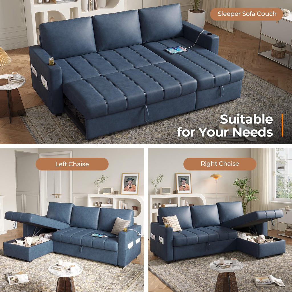 89 inch L-Shaped Sectional Sofa Sleeper with Storage Space & Side Pocket, Anti-Scratch Faux Leather Couch Bed with