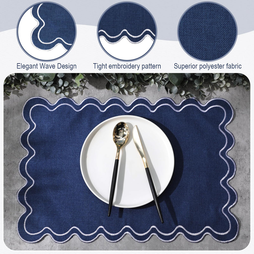Navy Blue with White Scalloped Placemats Set of 6, Rectangle