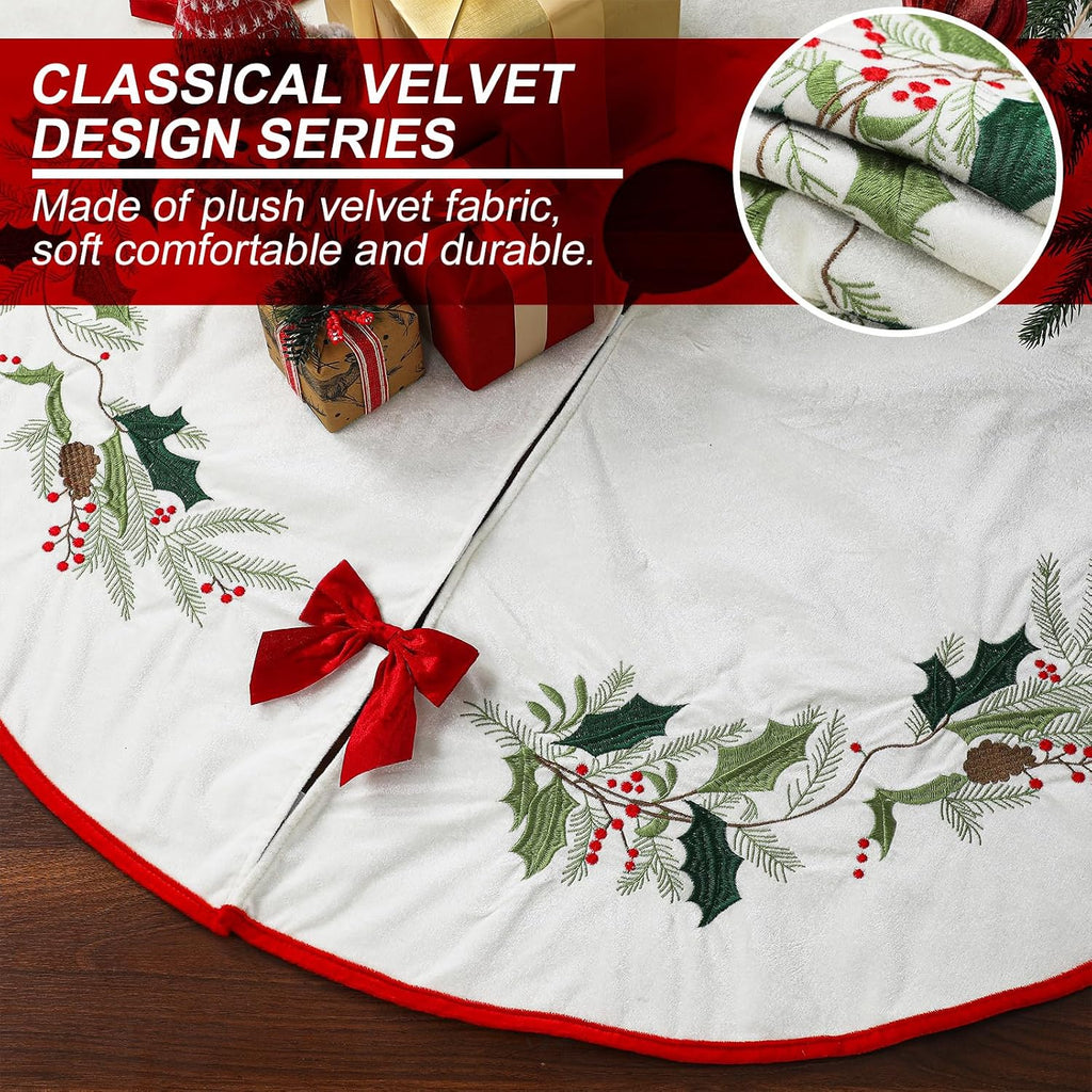 48 Inch Velvet Christmas Tree Skirt Red Bow Holly Embroidery