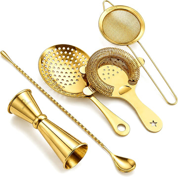 Cocktail Strainer Set, Stainless Steel Bar Tools Set, Gold - Set of 5