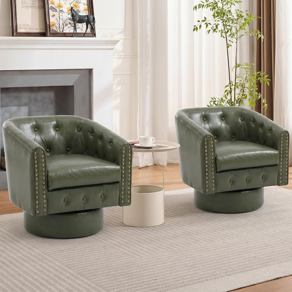Swivel Barrel Accent Chair, 360° Leather Armchair with Rivets