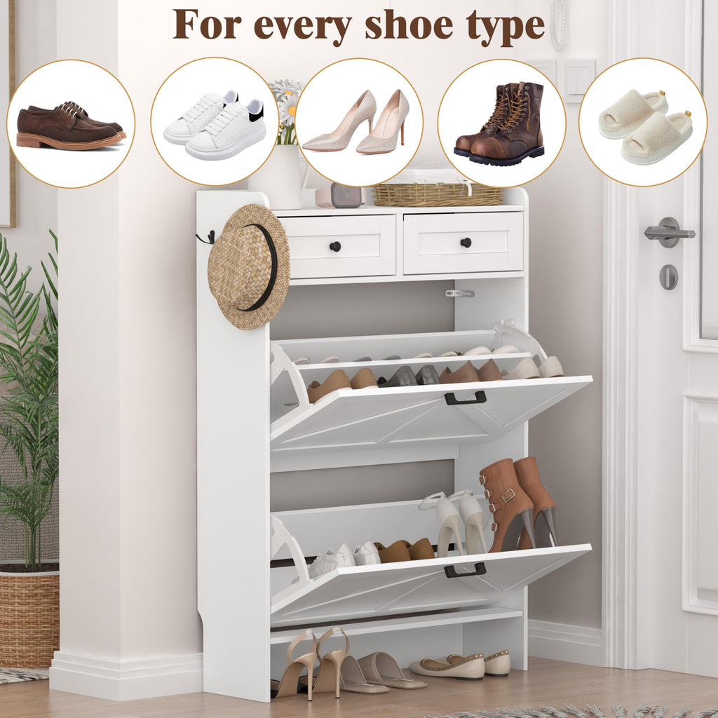White Shoe Cabinet with 2 Flip Drawers & 2 Storage Drawers, Rustic Farmhouse Narrow Shoe Organizer Cabinet, Slim Shoe