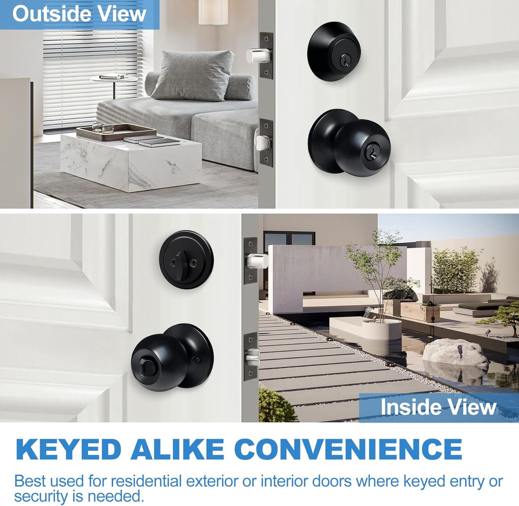2 Pack Keyed Same Exterior Door Knobs and Single Cylinder Deadbolts Combo Set