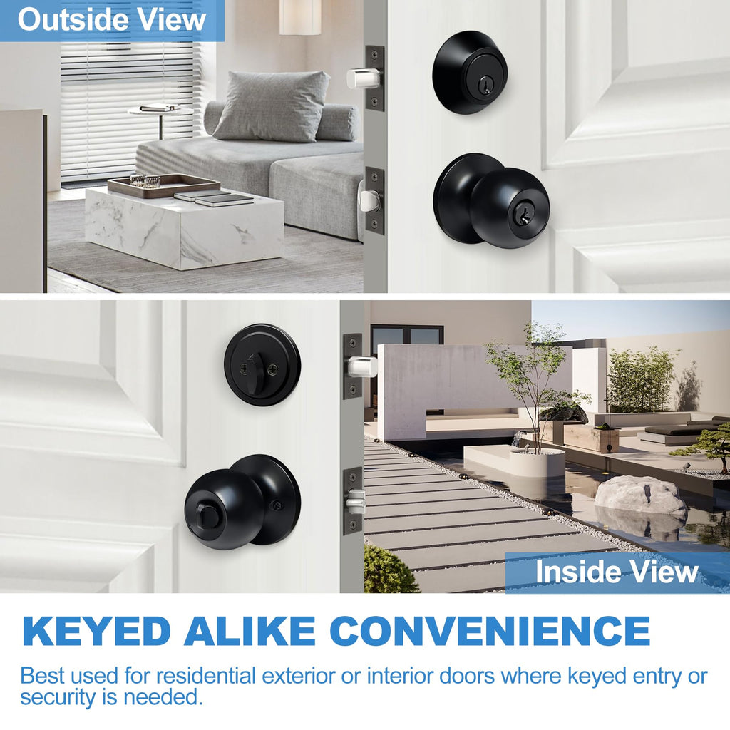 3 Pack Exterior Door Knob with Key Lock and Deadbolt, Keyed Alike