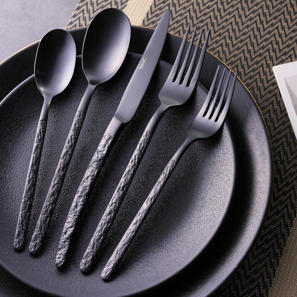 30-Piece Silverware Set, Black Hammered Flatware, Dishwasher Safe