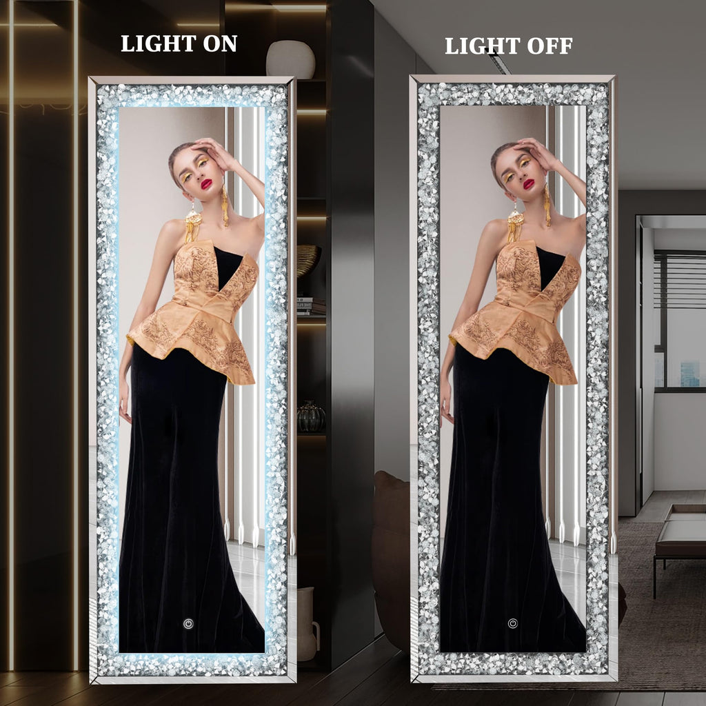 61"×22" LED Full-Length Mirror Crystal Crush Diamond, Wall Mounted Diamond Mirror Leaning Bedroom Dimming & 3 Color