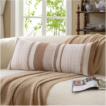 Boho Lumbar Pillow Covers 14x36 Inch Long, Brown Textured Decorative Couch Pillow Cases for Farmhouse Home Decor