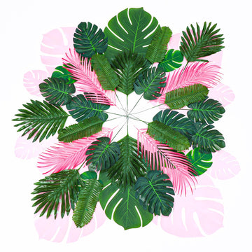 80 PCS Artificial Tropical Palm Monstera Leaves, Pink Green