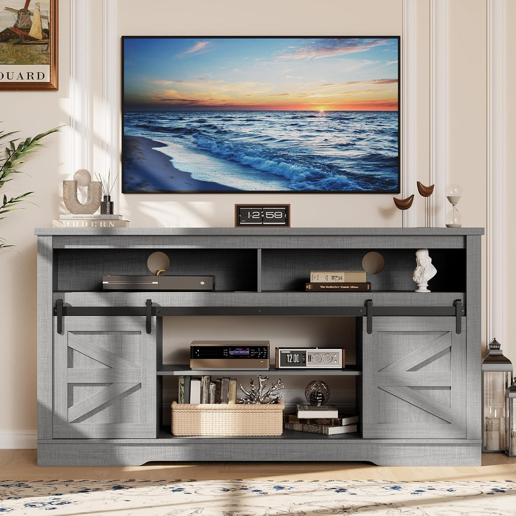 Farmhouse Fireplace TV Stand for Television up to 65+ Inch, Gray | TV Console with Storage and Sliding Barn Doors