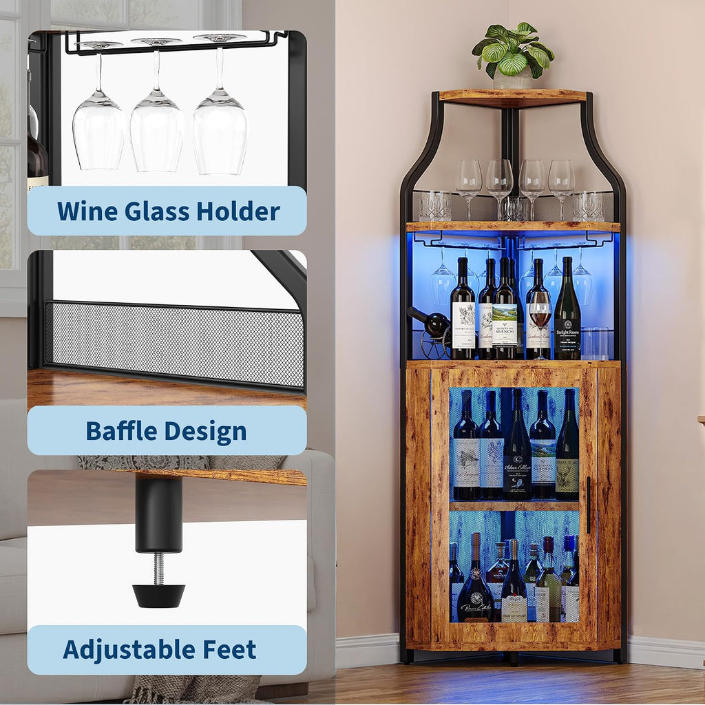 Corner Bar Wine Cabinet with LED Lights, 5-Tier Industrial Wine Cabinet with Glass Holder, Modern Liquor Cabinet with