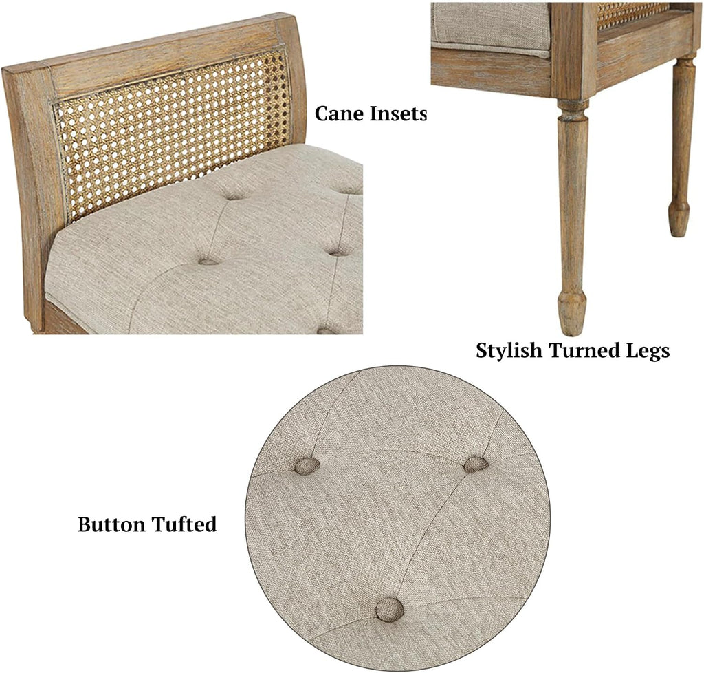 Isla Entryway Accent Bench Bedford Collection, Tufted Seat, Cane Side Frames, Farmhouse Bed End Bench , Indoor
