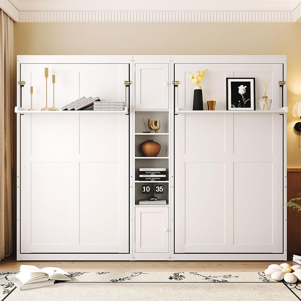 110W Dual Twin Wall Murphy Beds with Cabinets and Shelves,Sleeping Arrangement for Multipurpose Area, Bedroom, Guest