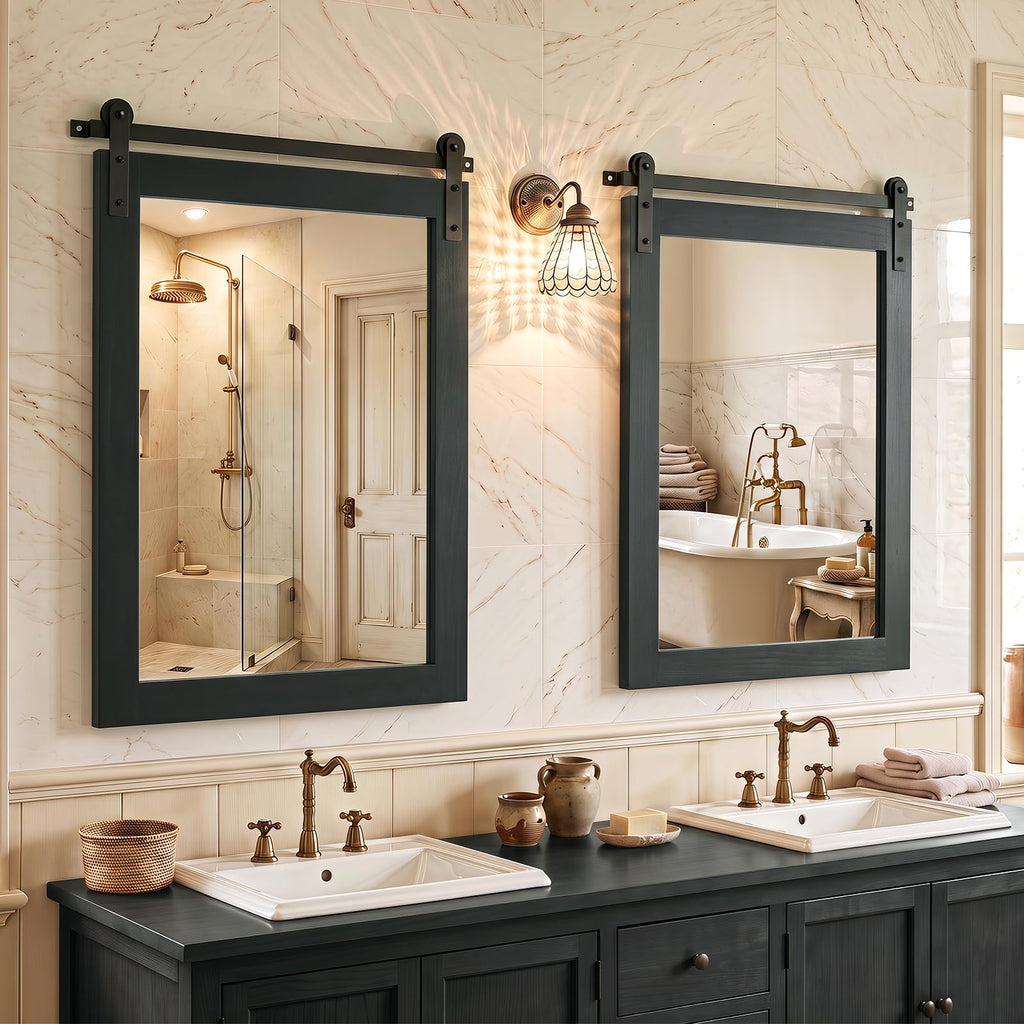 Farmhouse Barn Door Wall Mirror, 29"x23", Black