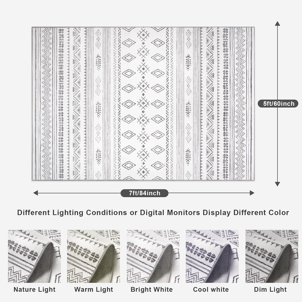 Boho Area Rug, Grey Washable Rugs with Non Slip Backing, Soft Geomtric Stain Resistant Moroccan Carpet Floor