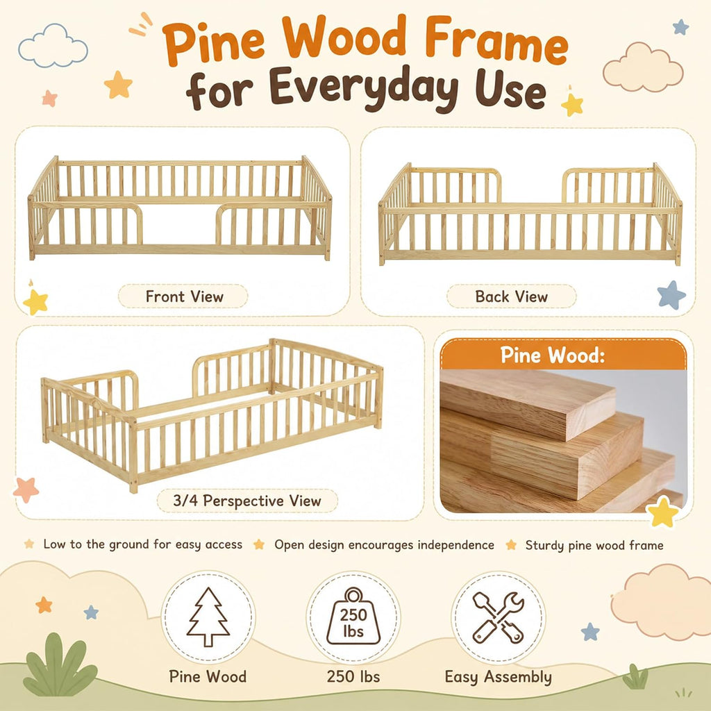 Twin Floor Bed with Rails, Pine Wood Montessori Bed with Central Entrance & Round Corner Design, Montessori Floor