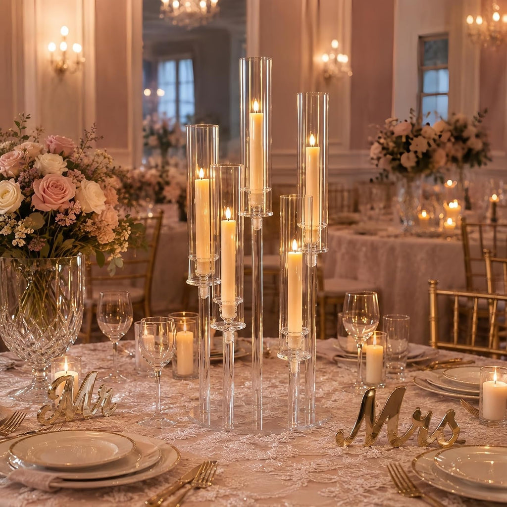 10Pcs Acrylic Candelabra Centerpieces,5 Arm Clear Candelabra Table Centerpiece Acrylic Candle Stick Holders with
