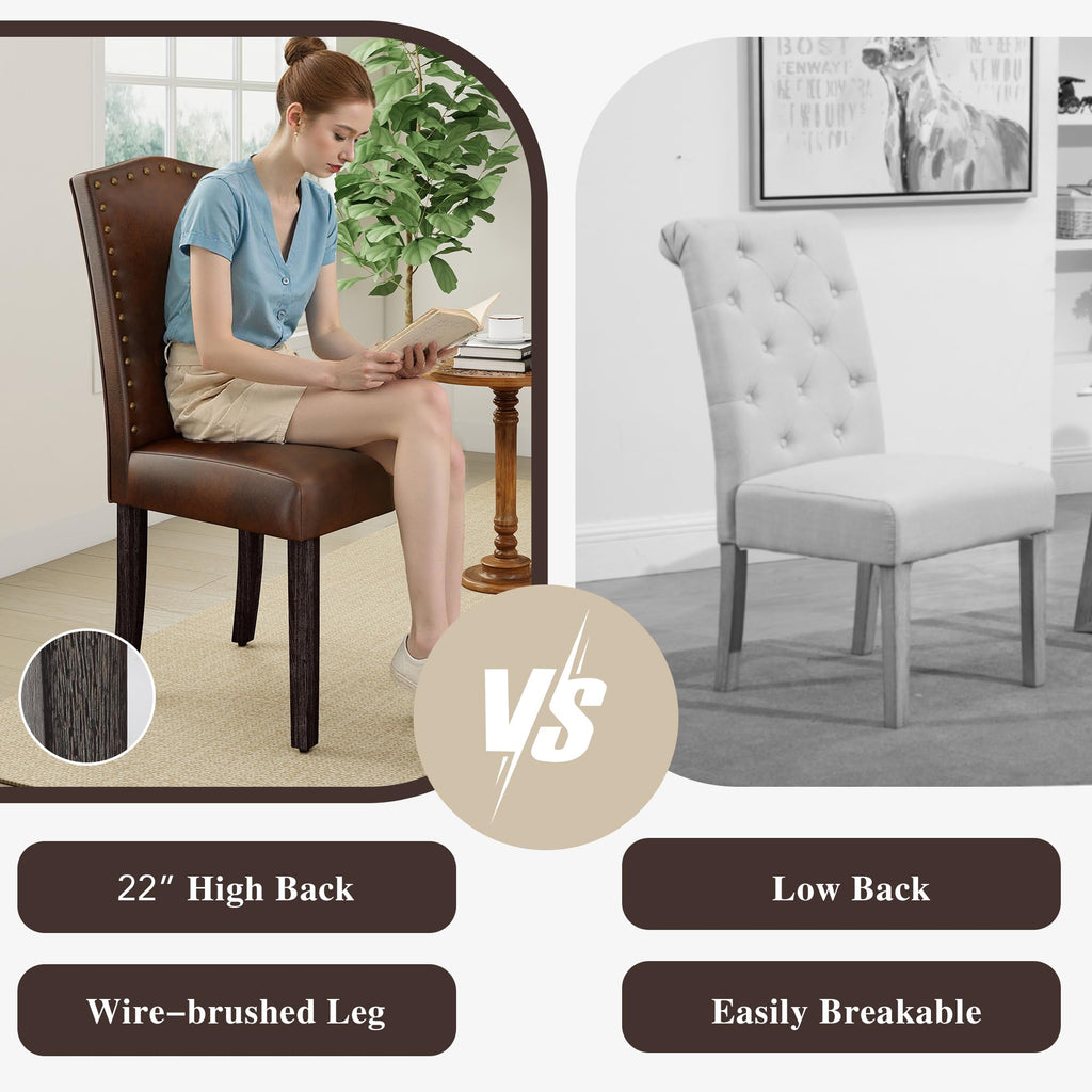 PU Dining Chair Upholstered Parsons Kitchen Chair with Copper Nails and Solid Wood Legs, Restaurant (Vintage Brown