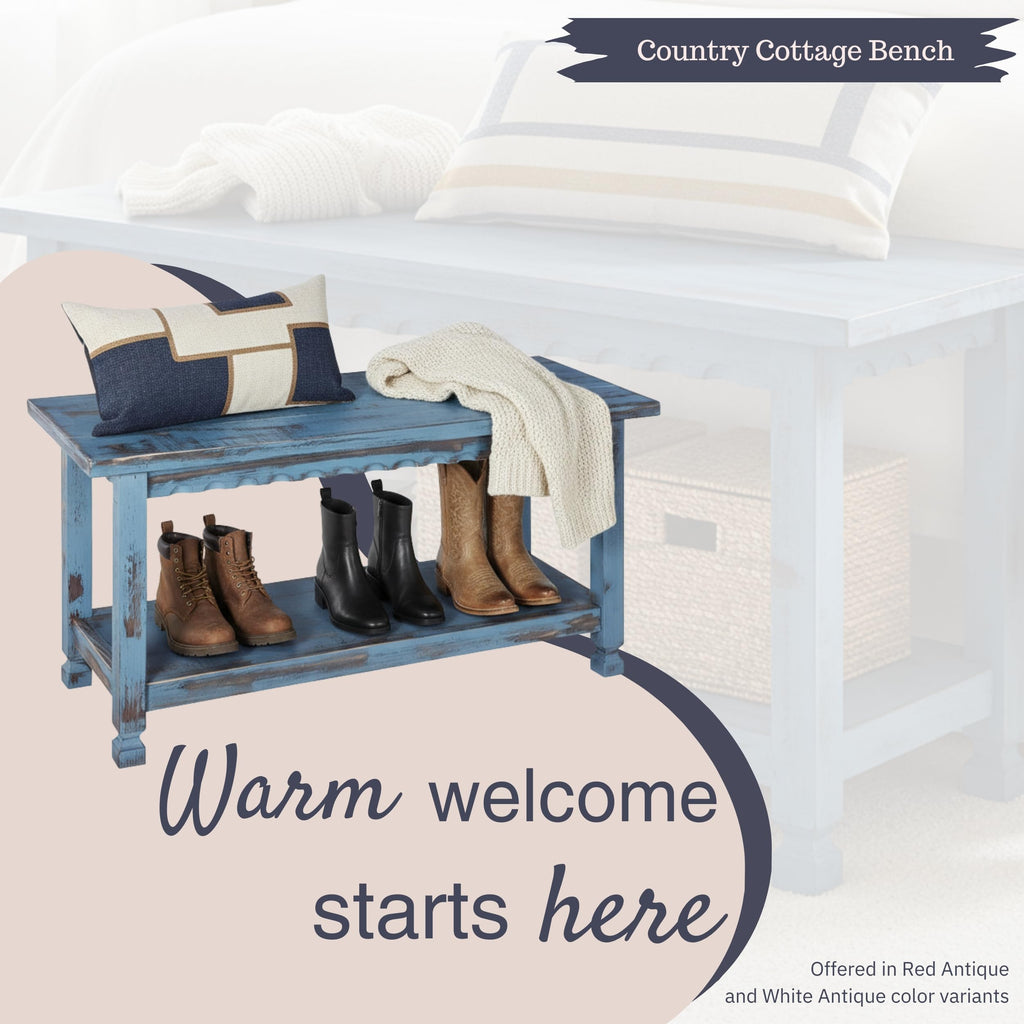 Country Cottage Entryway Bench with Shoe Storage, Blue Antique