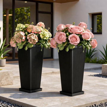 24" Tapered Tall Planters for Outdoor Plants with Tray&Shelf, Black