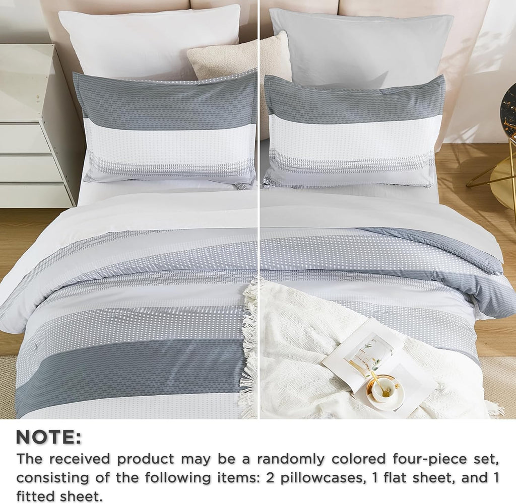 King Comforter Set 7 Pieces - Light Grey Striped Lightweight Bed in a Bag