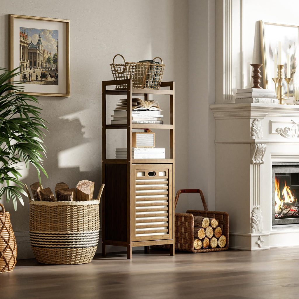 Bamboo Tilt Out Laundry Hamper, Bathroom Storage Cabinet with Hidden Removable Basket and 3 Open Shelves, Space