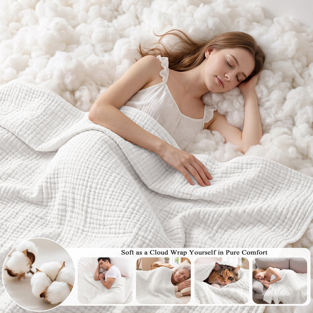 100% Cotton 6-Layer Muslin Blanket, Pure White