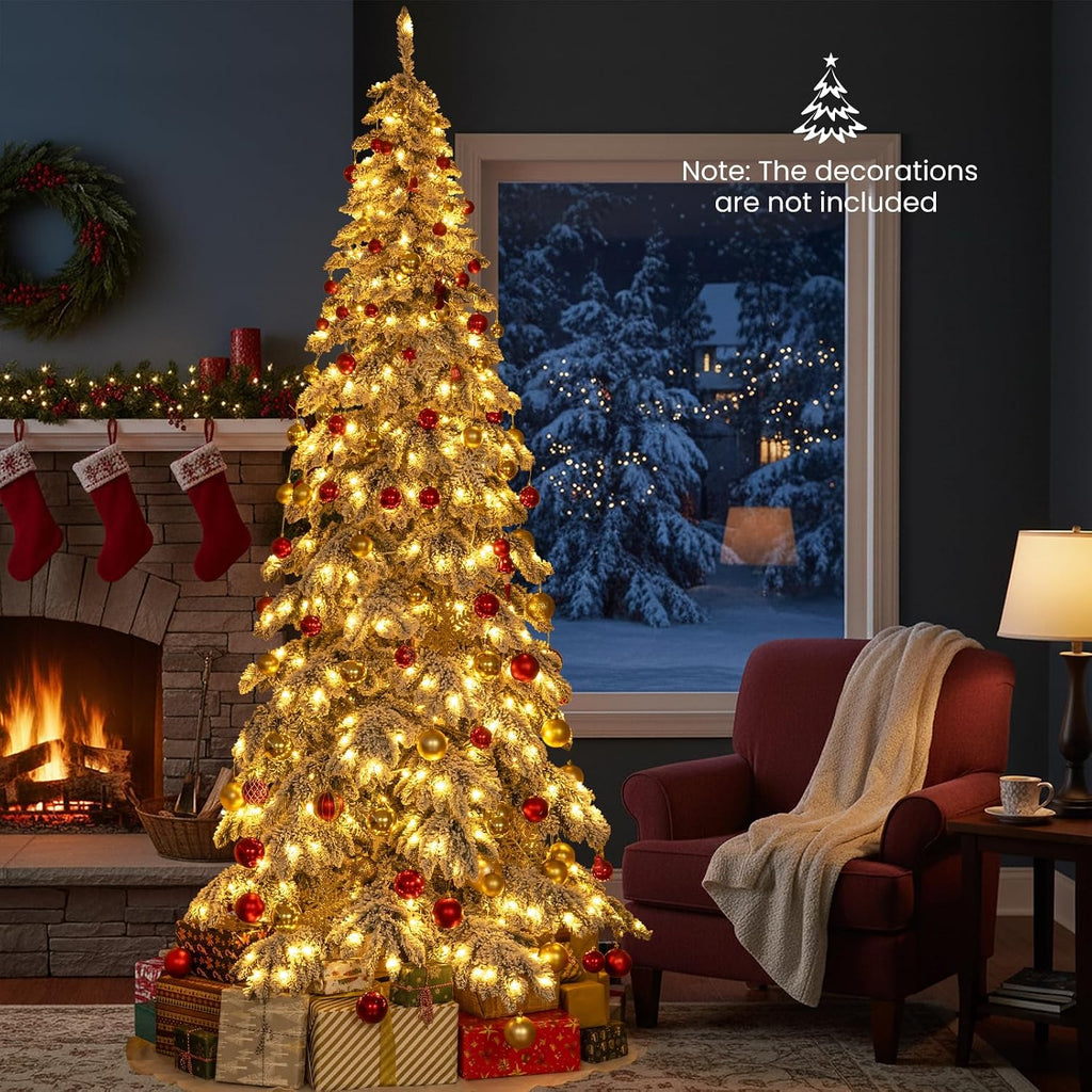 Pre-Lit Snow Flocked Drooping Christmas Tree, Artificial Hinged Xmas Tree with Quick Power Connectors, 1223