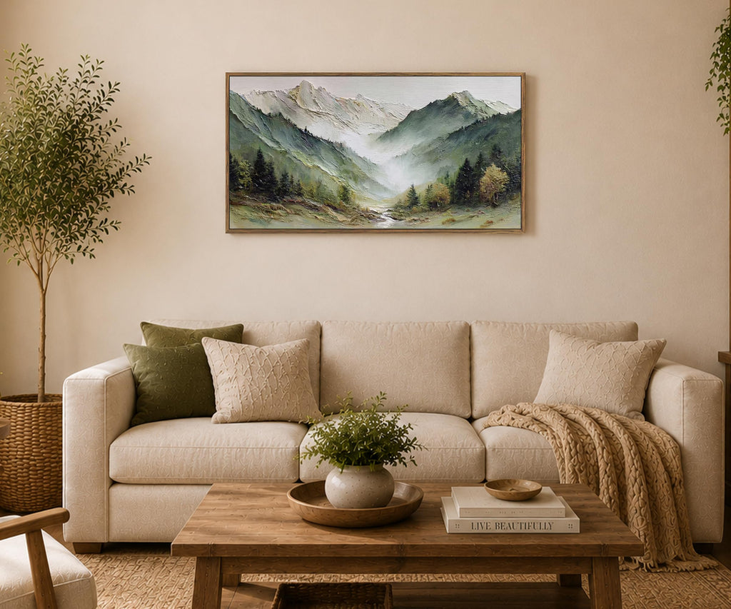 Large Framed Mountain Landscape Wall Art with Wooden Frame, Misty Forest Valley Nature Canvas Painting, Rustic Nature