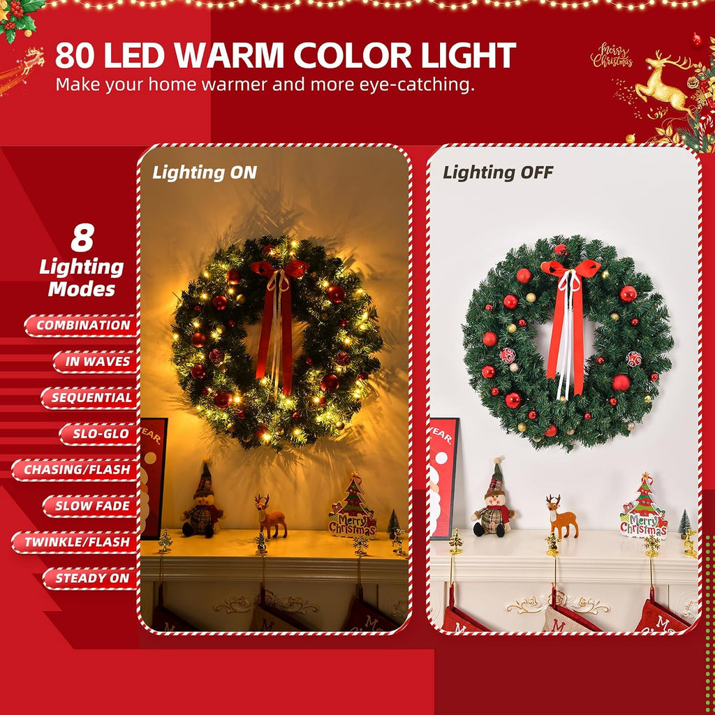 36 in Battery Powered Pre-Lit Christmas Wreath, 80 Warm Lights