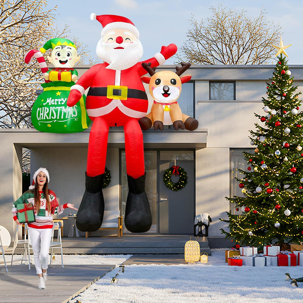 8FT Christmas Inflatables Outdoor Decoration, Climbing Inflatable Santa Claus Decor with Reindeer Elf & Built-in