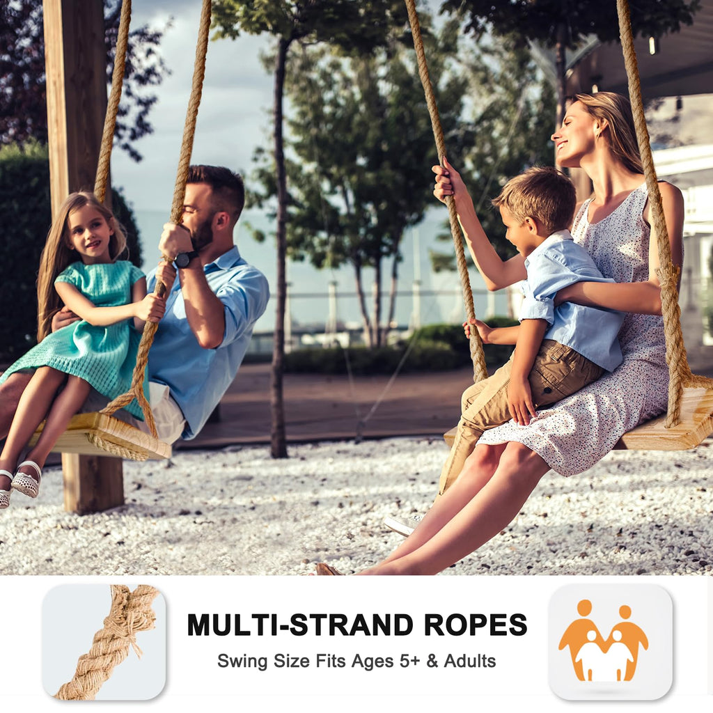 Hanging Wooden Tree Swing with Adjustable Hemp Rope and Tree Straps