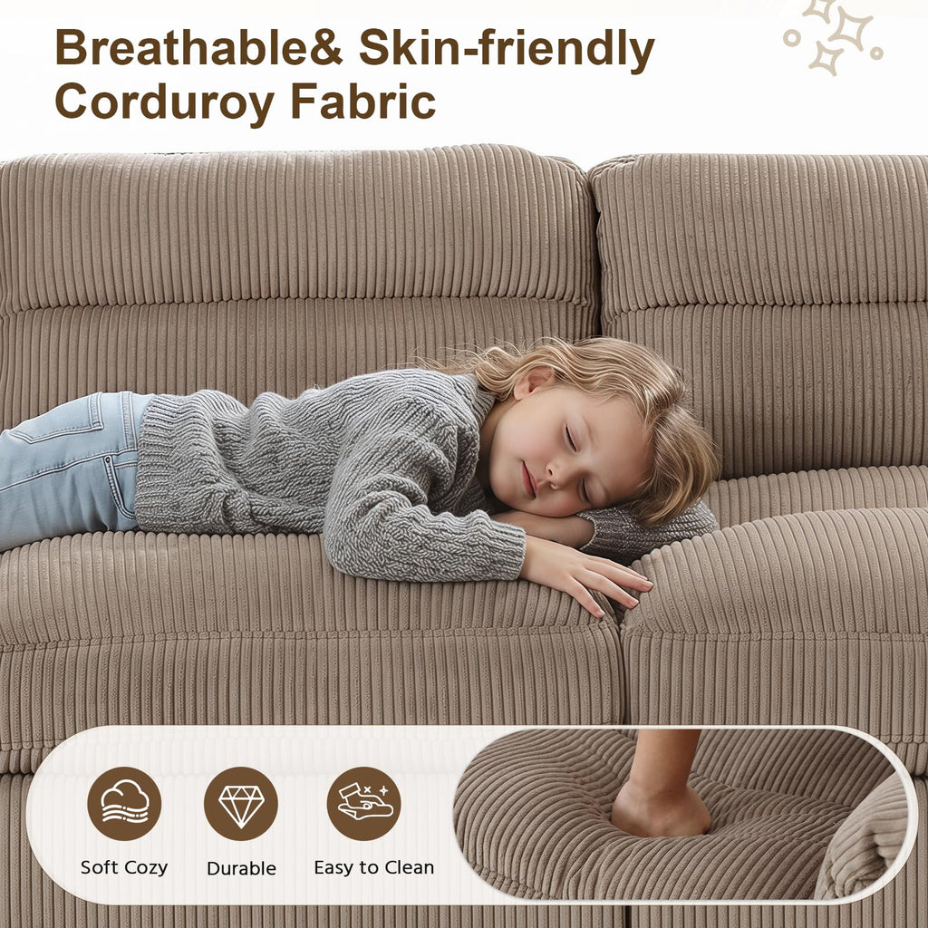 135" Modular Sectional L Shaped Corner Sofa with Movable Ottoman, Premium Corduroy 8-Seater Couches with Rolled Arms