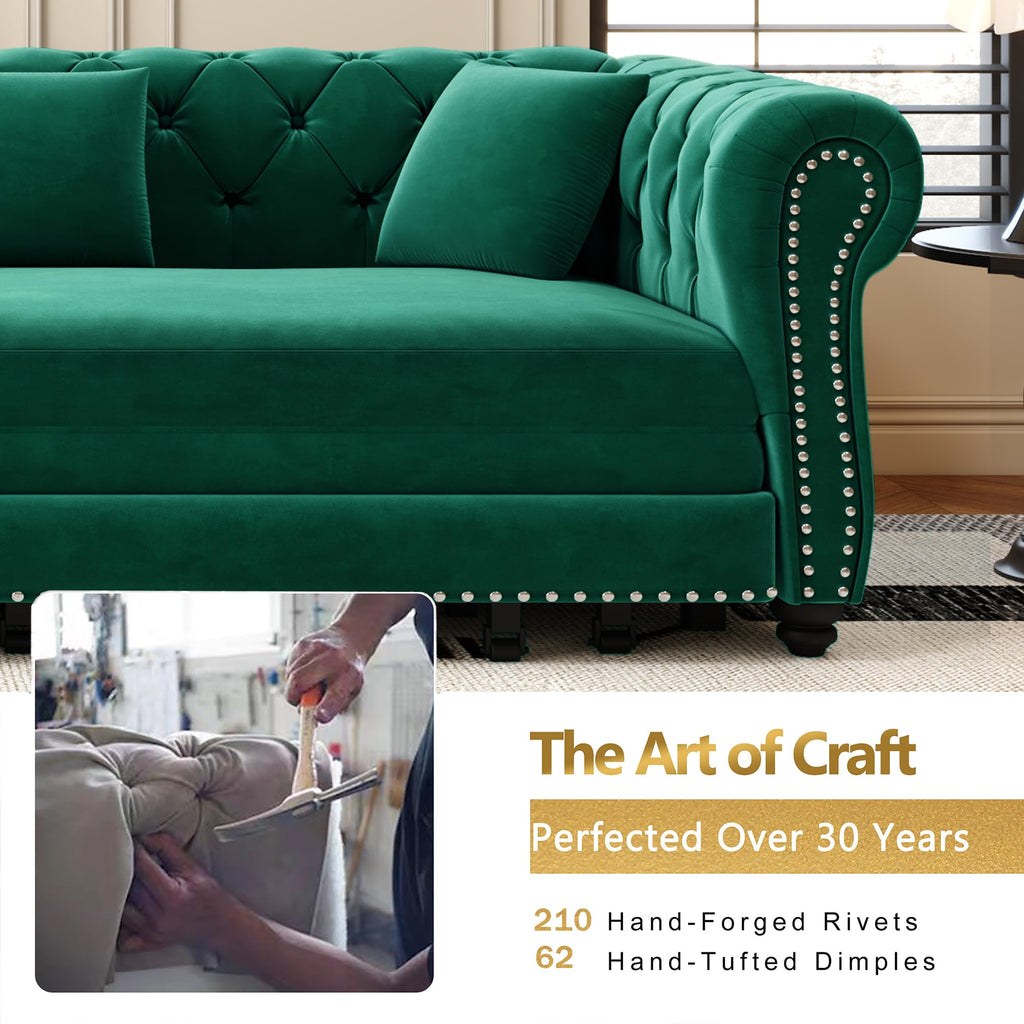 89'' Pull Out Couch King, Velvet Chesterfield Sleeper Sofa Bed, Green