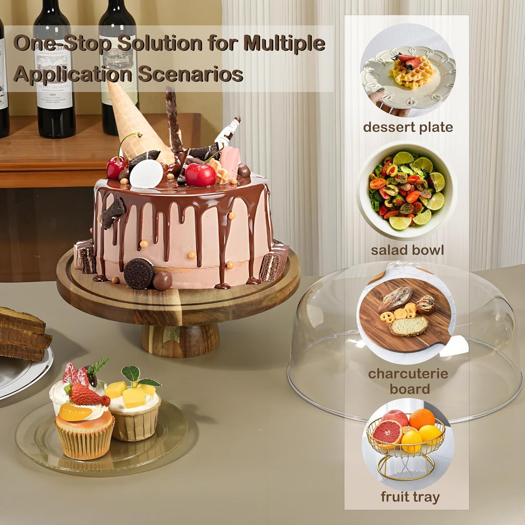 Acacia Wood Cake Stand with Acrylic Dome Lid,12 inch Round Dessert Table Display Set,2-In-1 Cake Plate with Cover