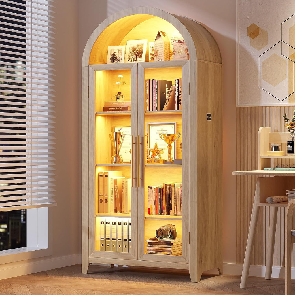 71" Arched Kitchen Pantry Storage Cabinet with Glass Doors | 5-Tier Display Cabinet for Collectibles, Tall Bookcase
