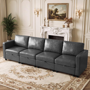 Modular Sectional Couch, 107" Faux Leather Storage 4 Seat Sofa, Grey