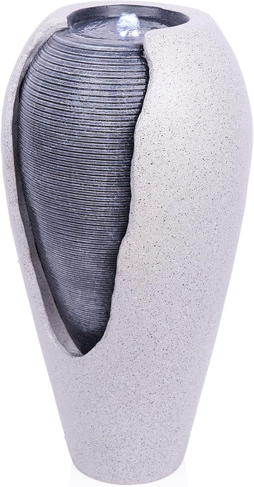 29" Tall Two Tone Ribbed Jar Floor Fountain with LED Lights - Elegant Water Feature, Easy Setup with Pump & Plug-in