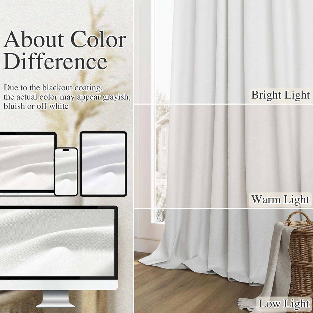 Extra Long 100% Blackout White Linen Curtains 116 Inches