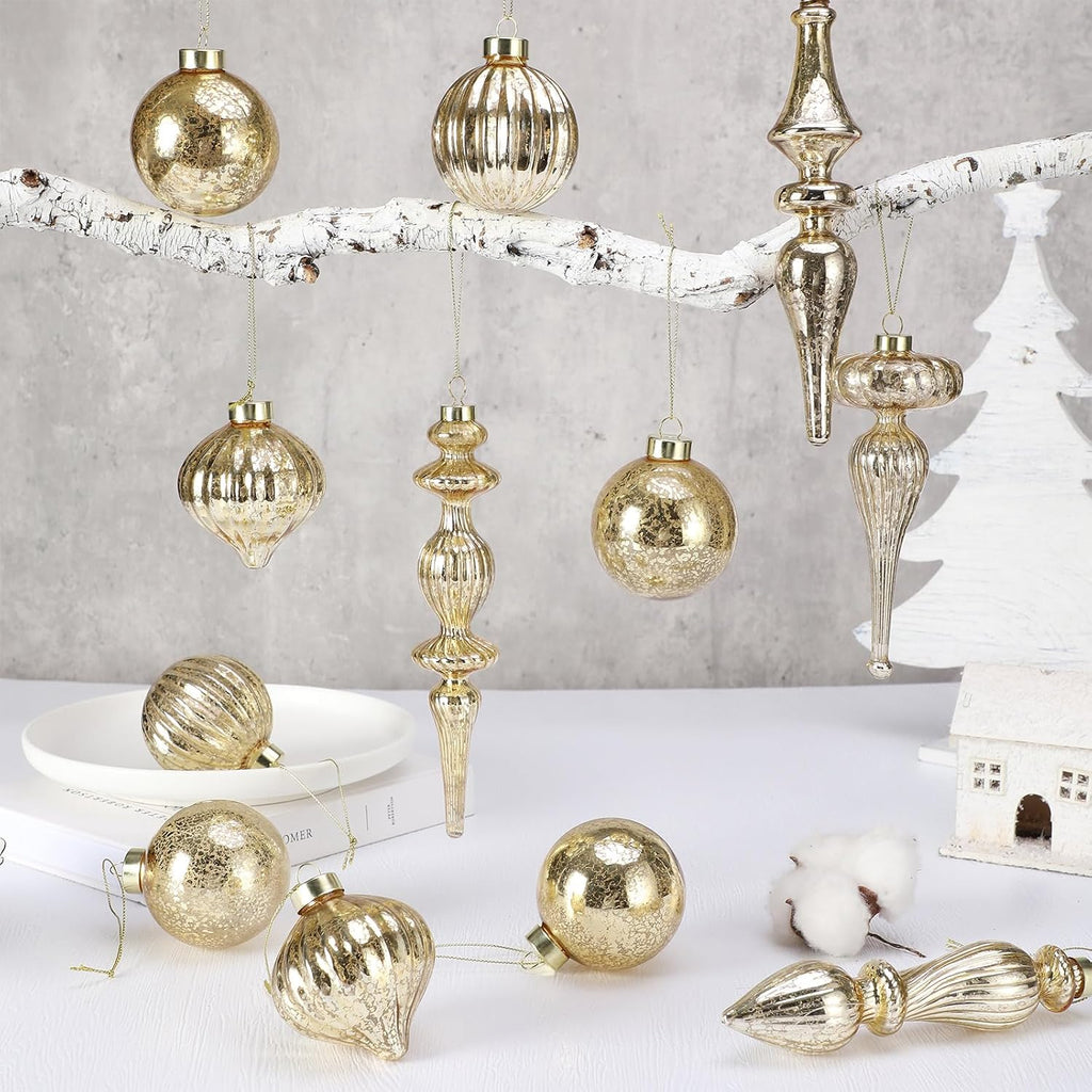 12 Pcs Mercury Glass Christmas Ornaments,Gold,Mixed Shapes