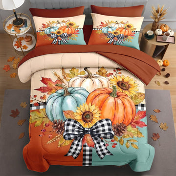 7 Pcs Fall Comforter Set, Farmhouse Pumpkin Autumn Bedding