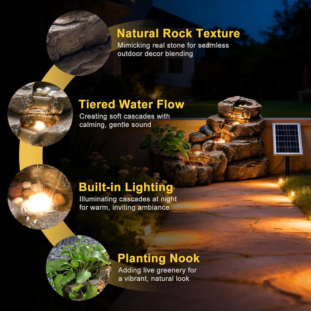 38.2" L Solar Water Fountain Outdoor Garden 5 Tiers Floor Standing Rock Natural Waterfall Outdoor Fountains with LED