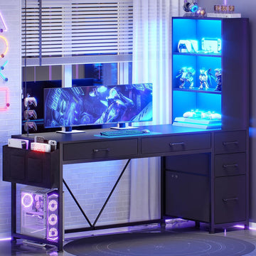 Computer Gaming Desk with 5 Drawers and Bookshelf, Reversible Home Office Desk with Storage Shelves and File Drawer